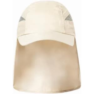 A hat in a light beige colour with a wide brim and mesh panels for ventilation. It features a logo on the front.