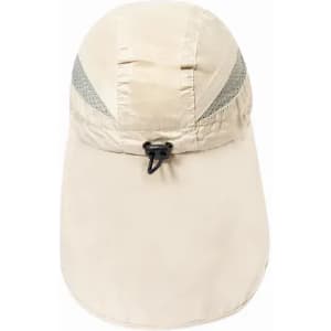 A hat in a light beige colour featuring a mesh panel and an adjustable toggle strap. It has a logo on the front.