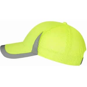 A cap in bright yellow with a grey peak and mesh design for ventilation.