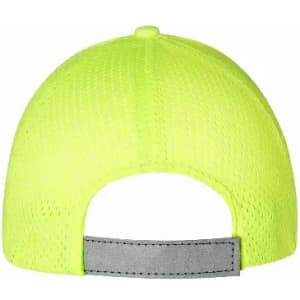 A cap with a bright yellow mesh design and a grey adjustable strap at the back.