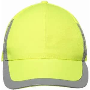 A cap in bright yellow with grey accents, featuring a structured design and a curved brim.