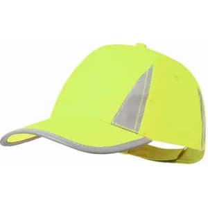 A bright yellow cap with reflective accents and a curved brim. It features a back adjustment strap.