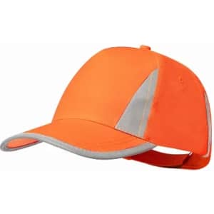 An orange cap with grey accents and a curved brim, featuring reflective elements for visibility.