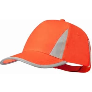 An orange cap with reflective accents, featuring a curved brim and an adjustable strap at the back.