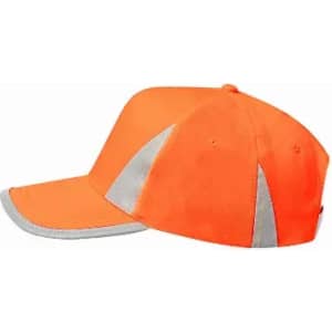 A cap in bright orange with reflective silver panels, featuring a curved visor and a structured design.