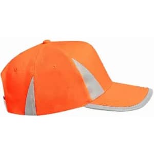 A bright orange cap with reflective silver accents on the sides. Features a curved brim and a fitted design.