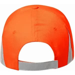A bright orange cap with reflective grey panels and an adjustable back strap.