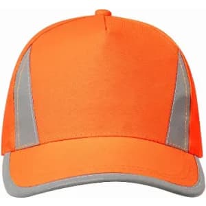 An orange cap with reflective grey accents and a solid brim.
