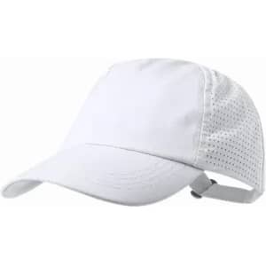 A white cap with a perforated design and an adjustable strap at the back, featuring a logo.