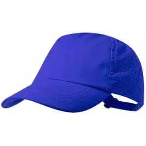A blue cap featuring a perforated design for ventilation and an adjustable strap. It includes a logo.