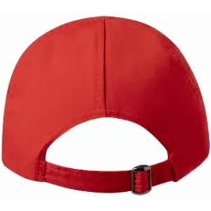 A red cap featuring an adjustable strap at the back and a smooth fabric finish.