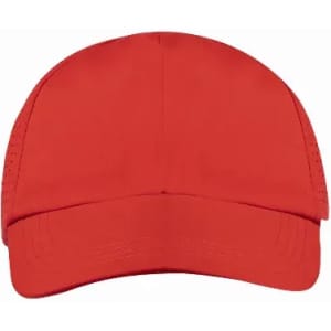 A red cap with a solid design and mesh panels on the sides, featuring a stitched brim and no visible logos.