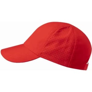 A red cap with ventilation holes on the side and a curved brim. It features a logo on the back.