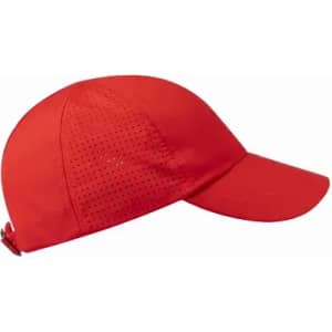 A red cap featuring perforated panels for breathability, with an adjustable strap at the back.