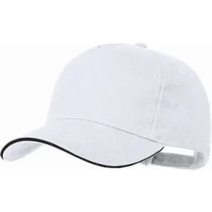 A white cap with a black trim and an adjustable strap at the back. It includes a branding logo.