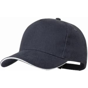 A dark blue baseball cap with a white trim and adjustable strap at the back. It has a rounded crown and curved brim.