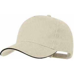 A cap in a beige colour with a curved brim and an adjustable strap at the back. It has a logo on the front.