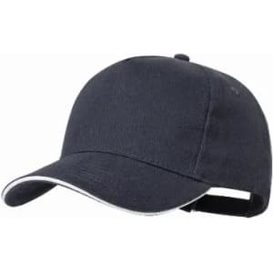 A navy blue cap with a curved brim and white trim, featuring an adjustable strap at the back.