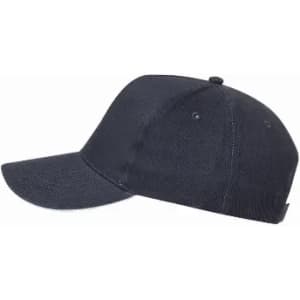 A navy blue cap with a curved brim and a button on top, featuring an adjustable strap at the back.
