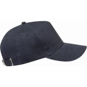 A navy cap with a curved brim and an adjustable strap at the back. It features a logo on the side.