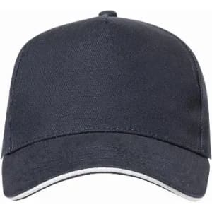 A navy blue cap with a curved brim and a stitched design, featuring a logo on the front.