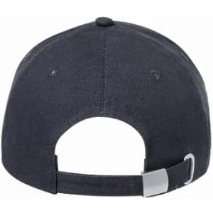 A black cap featuring a rear adjustable strap and a partial opening at the back. Includes a logo on the fabric.