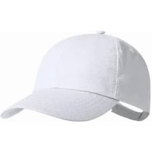A white cap with a curved brim and adjustable strap at the back. It features a simple design without embellishments.