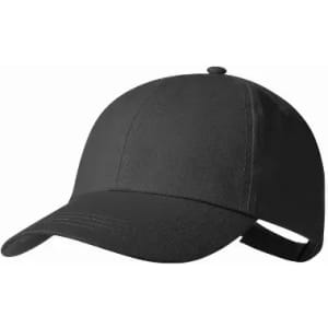 A black cap with a curved brim and an adjustable strap at the back, featuring a plain design.