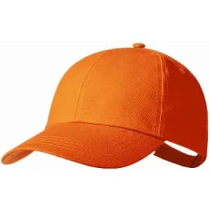 An orange cap with a curved brim and an adjustable strap at the back. It has a plain design without logos.
