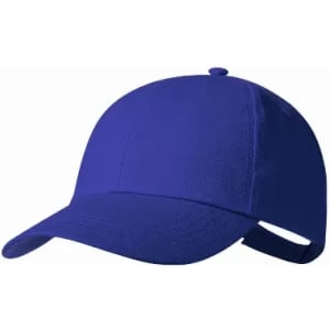 A blue cap with a curved brim and adjustable strap at the back, featuring a plain design.