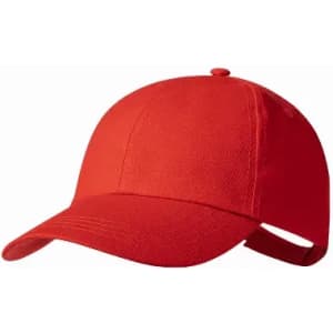 A red cap featuring a curved brim and an adjustable strap at the back. It has a textured fabric design.