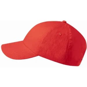 A red cap with a curved brim and adjustable back, featuring a structured front panel.
