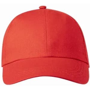 A red cap with a structured fit and a curved brim, featuring a central button on top.