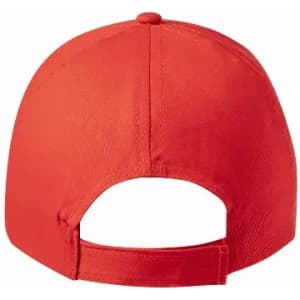 A red cap with a flat brim and adjustable strap at the back, featuring a smooth fabric texture.