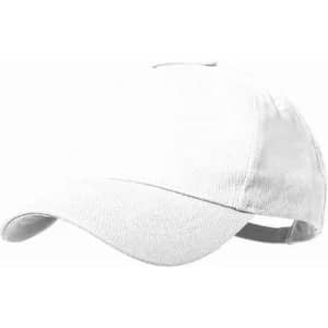 A white cap with a curved brim and adjustable strap, featuring a logo on the front.