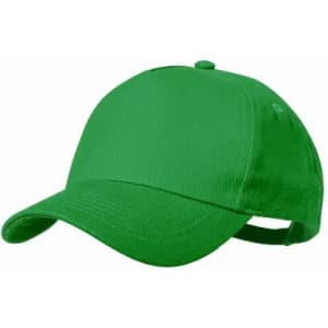 A green cap with a curved brim and adjustable strap, featuring a plain design and no logos.