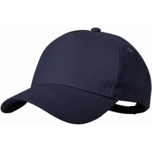 A navy cap featuring a curved brim and a rear adjustable strap, with a logo on the front.
