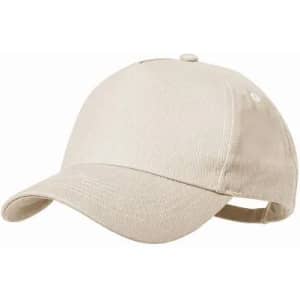 A beige cap with a curved brim and adjustable strap at the back, featuring a simple design.