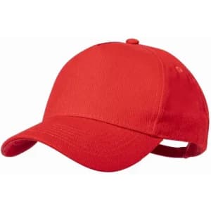 A red cap with a curved brim and an adjustable strap at the back, featuring a logo on the front.