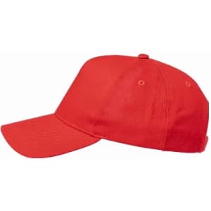 A red cap with a curved brim and ventilation holes, featuring a logo on the side.