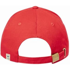 A red cap featuring an adjustable strap at the back and a logo near the base.