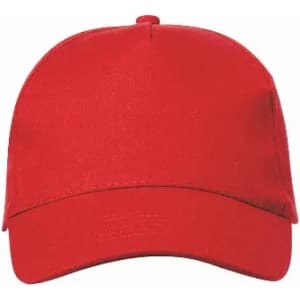 A red cap with a smooth finish and a curved brim, featuring a logo on the front.