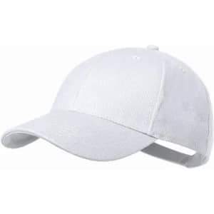 A white cap features a curved brim and an adjustable strap at the back, with a logo on the front.