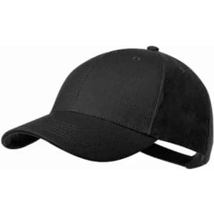 A black cap with a curved brim and adjustable strap at the back, featuring a plain design.