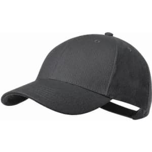 A black baseball cap with a curved brim and an adjustable strap at the back, featuring a logo.