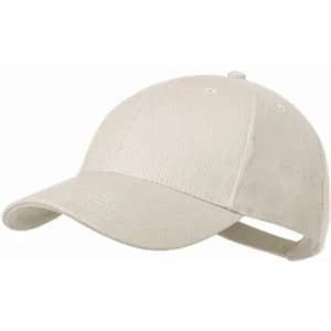 A cap in a light beige colour with a curved brim and adjustable strap at the back. It features a brand logo.