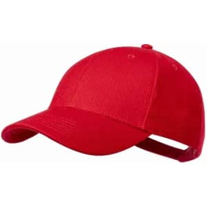 A red cap with a curved brim and an adjustable strap at the back. It has a plain design and no visible branding.