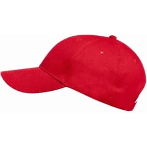 A red cap with a curved brim and a fitted design, featuring a logo on the side.