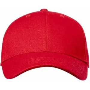 A red cap with a curved brim and ventilation eyelets, featuring a simple design and no visible logos.