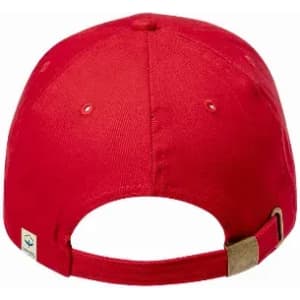 A red cap featuring a classic design, with an adjustable strap at the back and a logo on the side.